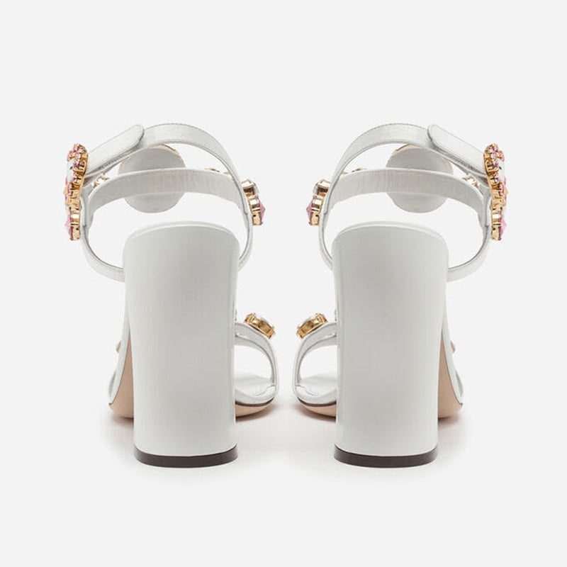 White Fish Mouth Gemstone Thick Heel Sandals Maxct