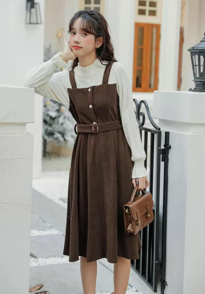 Corduroy Knit Belted Twofer Midi Dress Maxct