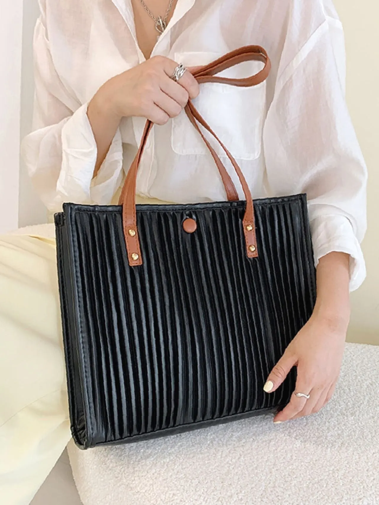 Maxct - Vertical Striped Shoulder Tote Bag  - Women Tote Bags