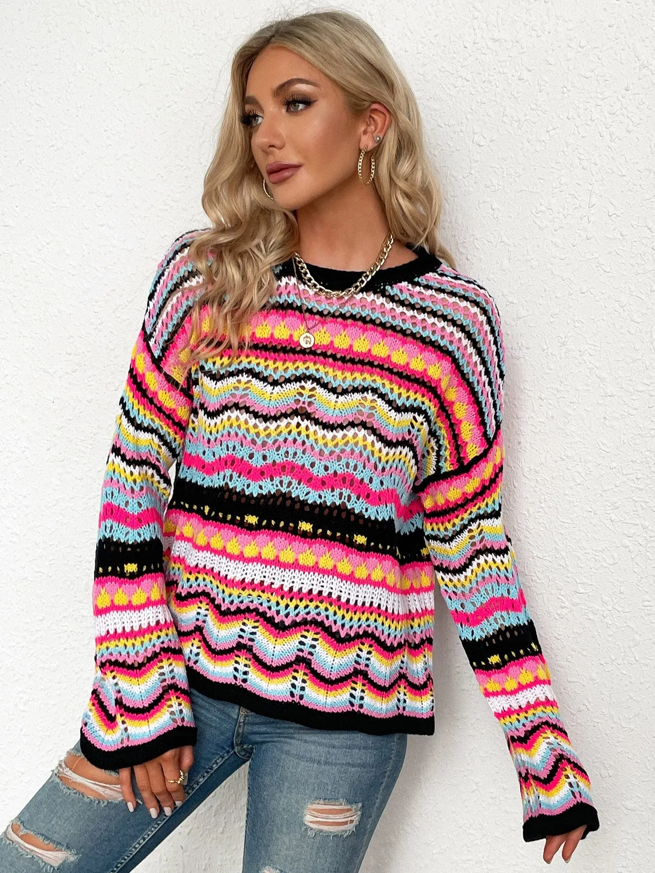 Maxct &Rainbow Stripe Openwork Flare Sleeve Knit Top