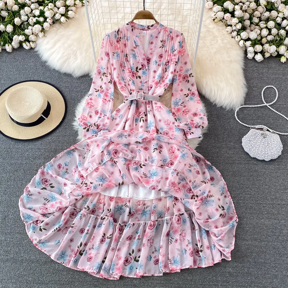 Floral Midi Dress Women Elegant V-Neck Lantern Long Sleeve High Waist Draped A-Line Casual Vestidos Female Spring Autumn