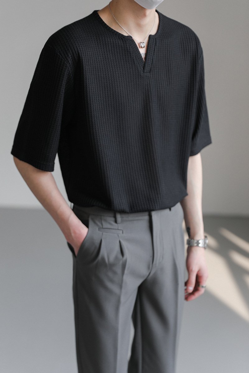 Maxct 90s Streetwear Summer New Korean Style Loose Small V-neck Short-sleeved T-shirt Men's Fashion Brand Wafflet High-end Sense Half-sleeved T-shirt Top