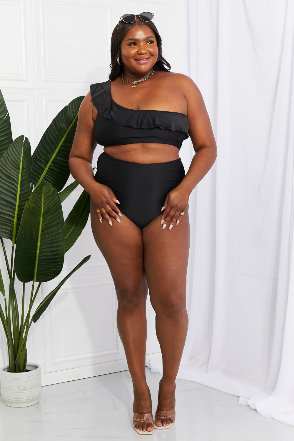 Maxct &Marina West Swim Seaside Romance Ruffle One-Shoulder Bikini in Black