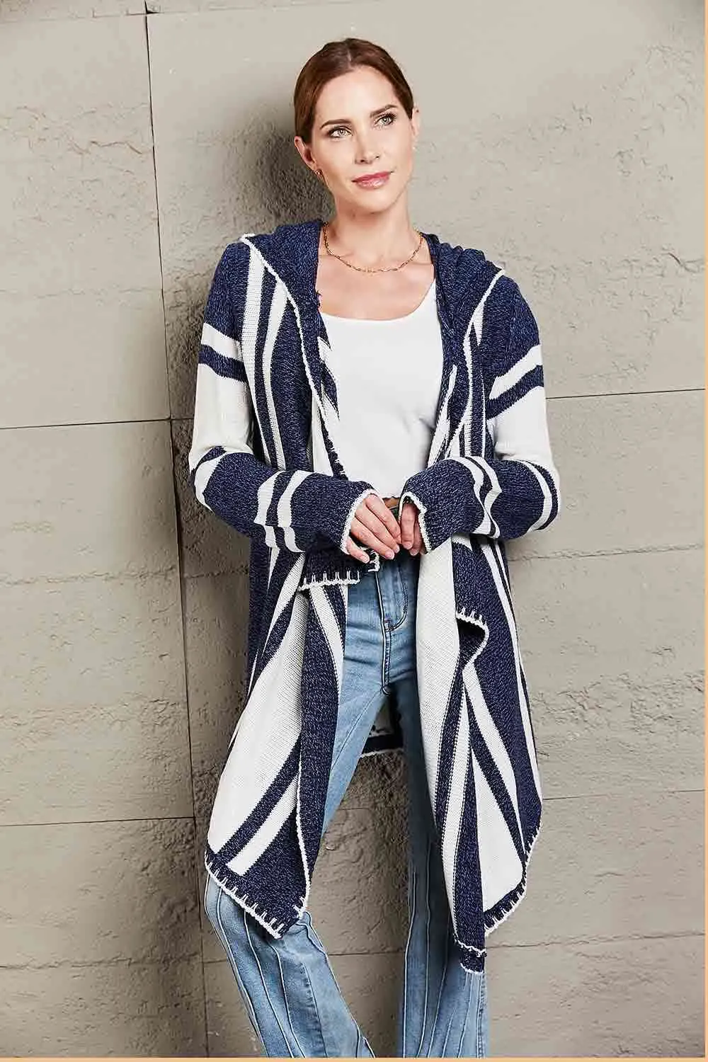 Maxct &Woven Right Striped Open Front Hooded Cardigan