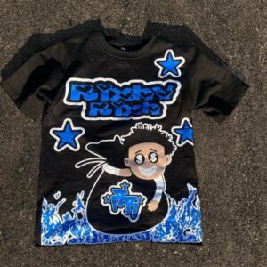 Maxct American cartoon letter pattern printed oversized round T-shirt men's Y2K street hip-hop versatile loose short-sleeved top