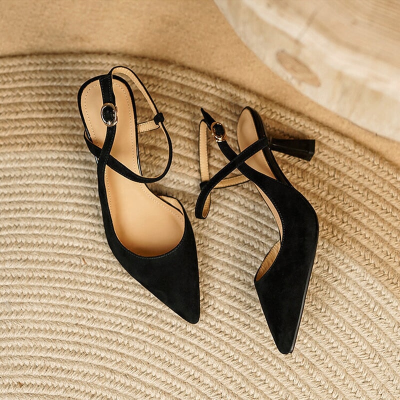 Suede Point Toe 60mm Kitty Heel Sandals Slingback Pumps Maxct