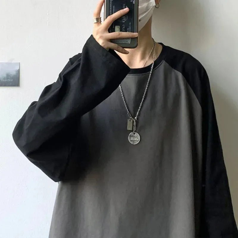 Maxct Oversized T-shirt Round Collar Contrast Color Long Sleeve Tops Women Spring Patchwork Kawaii T Shirts Unisex Streetwear