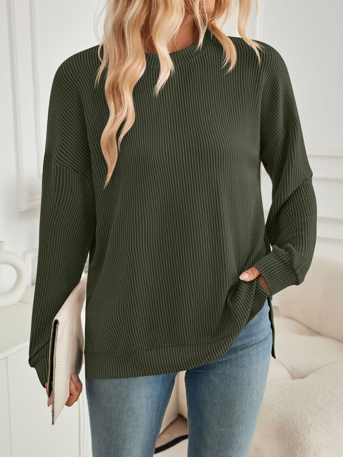 Maxct &Slit Round Neck Long Sleeve Sweatshirt