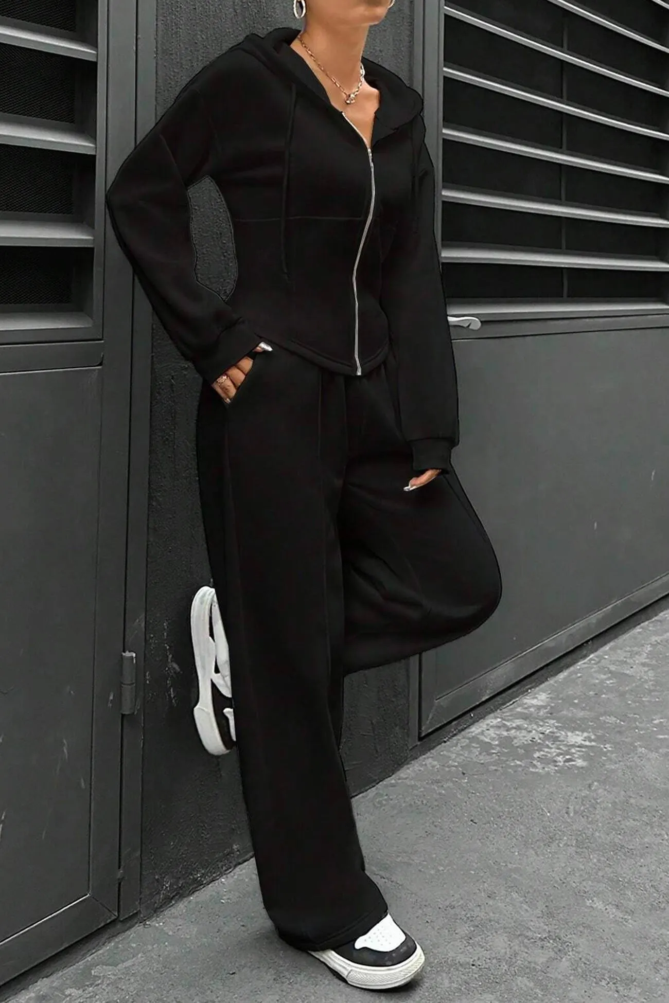 Maxct Solid Slim Fit Hoodie Pants Suits
