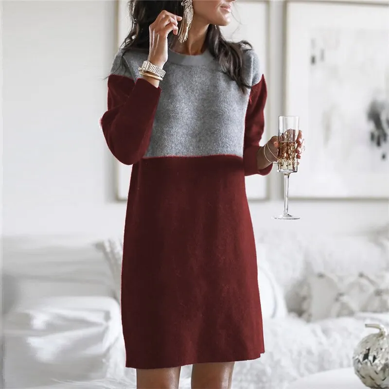 Maxct Autumn Winter Round Neck Vintage Patchwork Knitting Dress Women Loose Casual Straight Dresses Robe Femme Vestidos De Fiesta