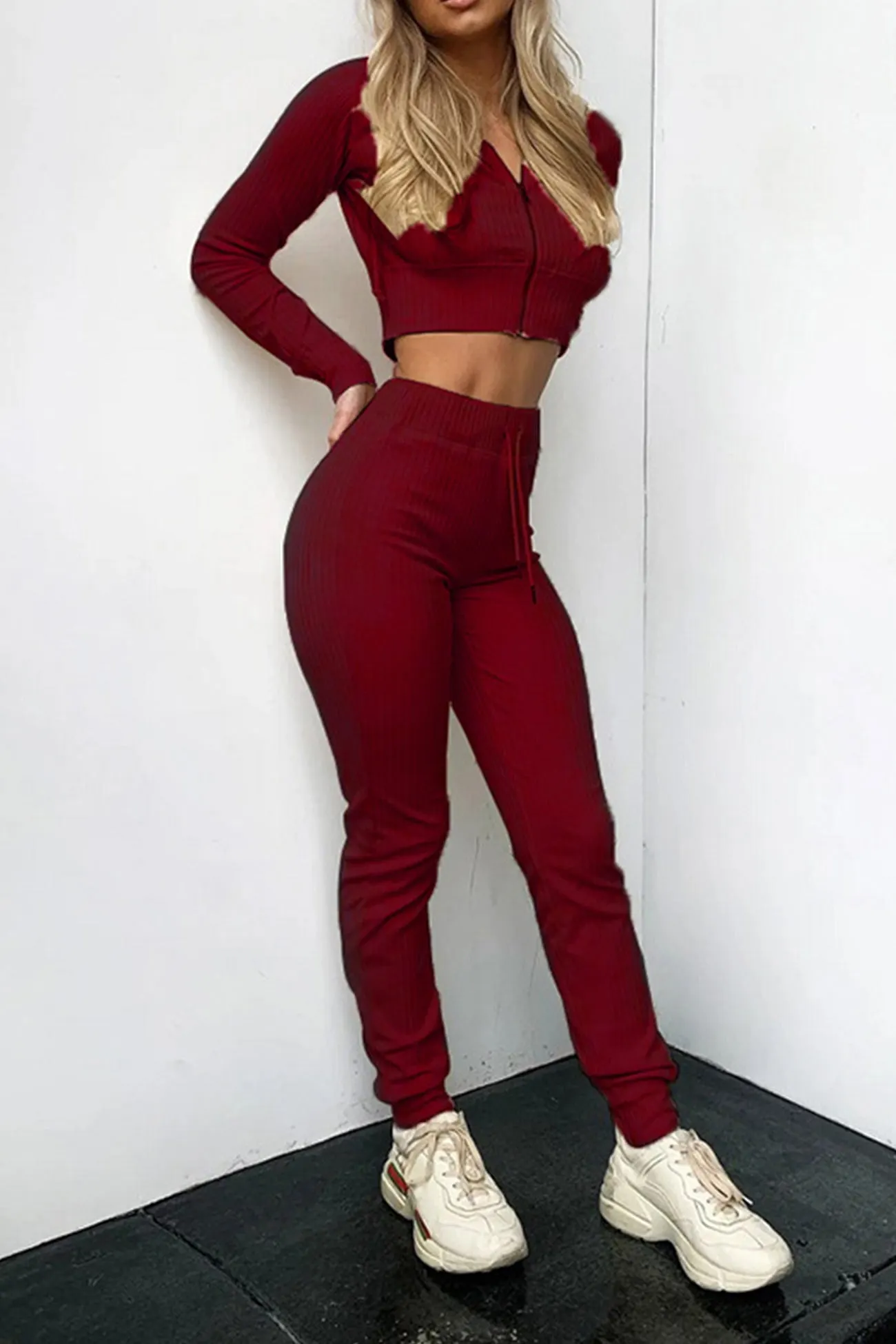 Maxct Ribbed Knit Hoodie Long Pants Suits