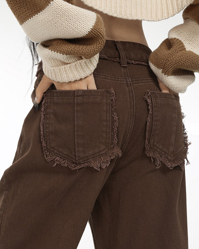 Brown Straight Leg Distressed Jeans Maxct
