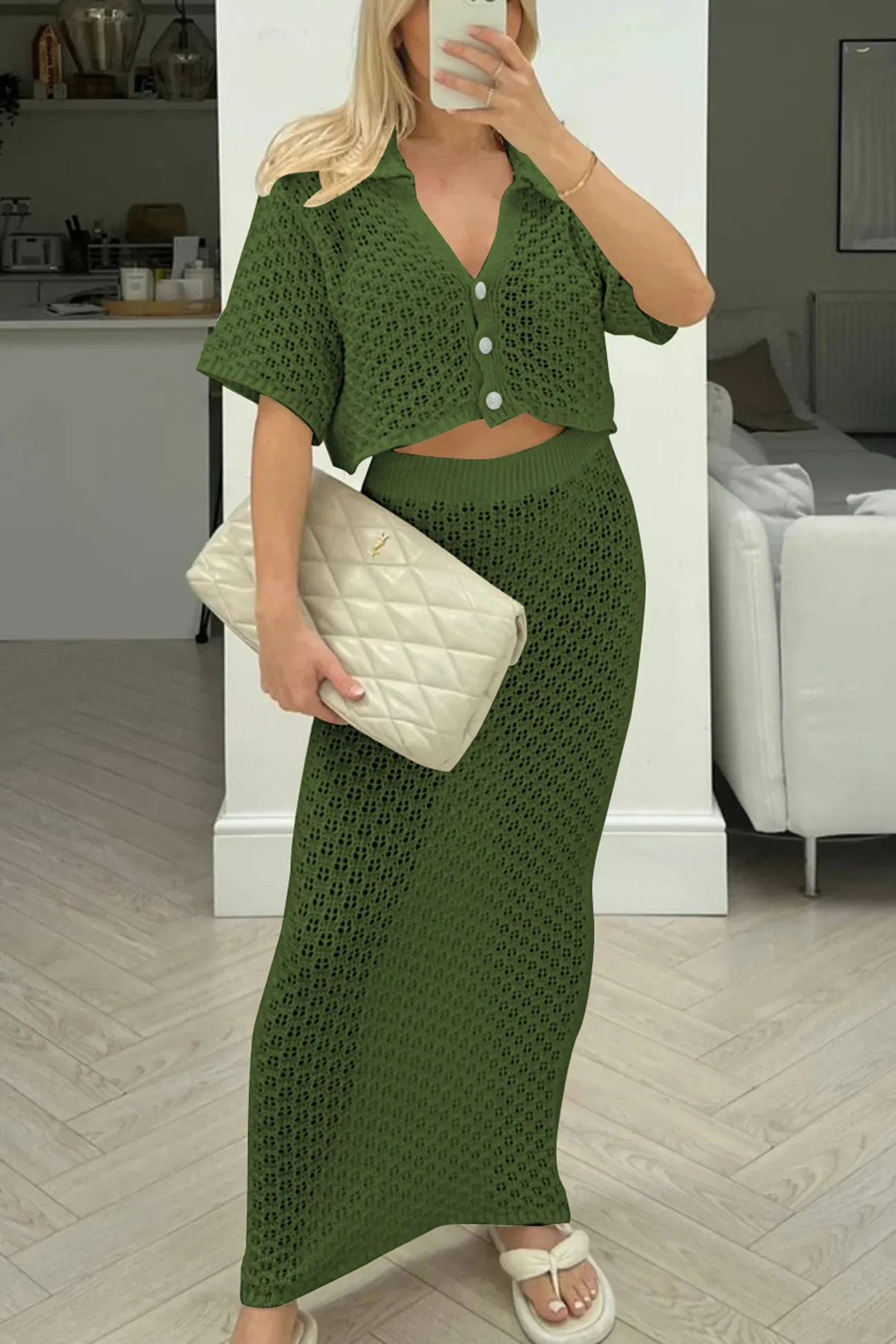 Maxct Hollow Out Crochet Blouses Midi Skirt Suits
