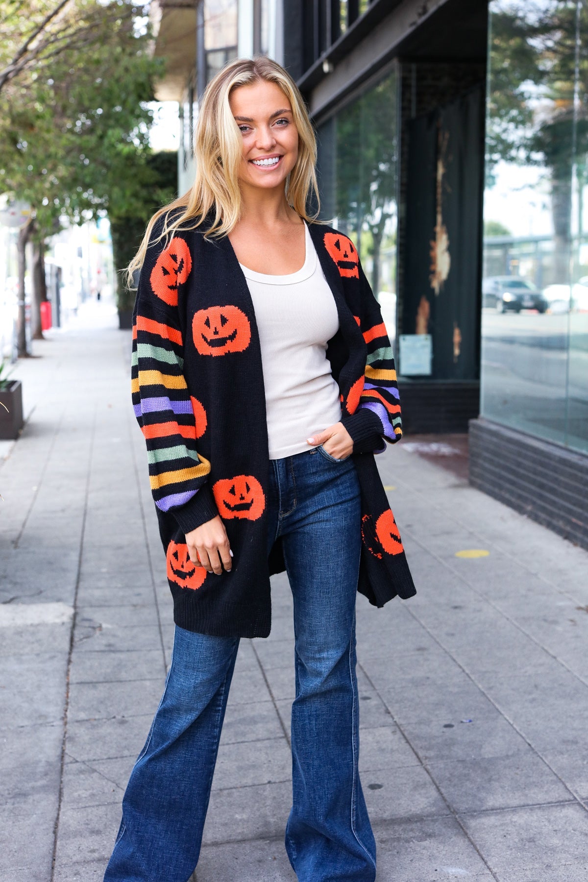 Maxct &Pumpkin Multicolor Stripe Jacquard Knit Open Cardigan