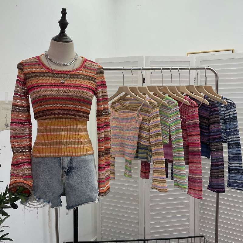 Maxct outfit inspo fall American Hot Girl Contrast Color Striped Stitching Short Navel Blouse + Slim Camisole Two-Piece Set 8869