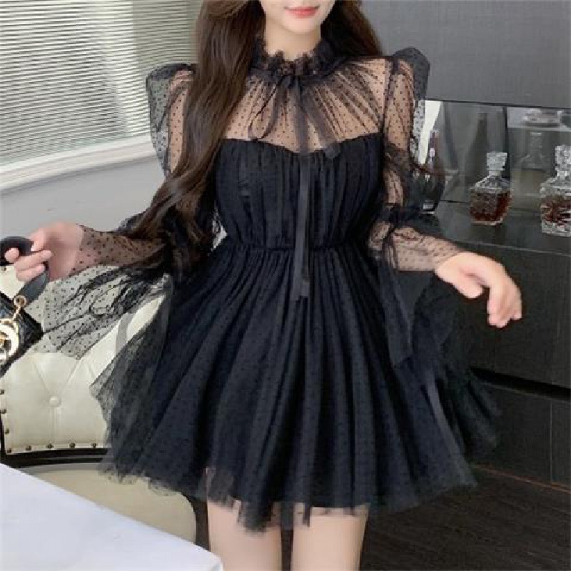 Maxct avant garde dress to impress Long Sleeve Polka Dot Mesh Stitching Tube Top Waist Slimming Pettiskirt Dress Women's Spring and Autumn New