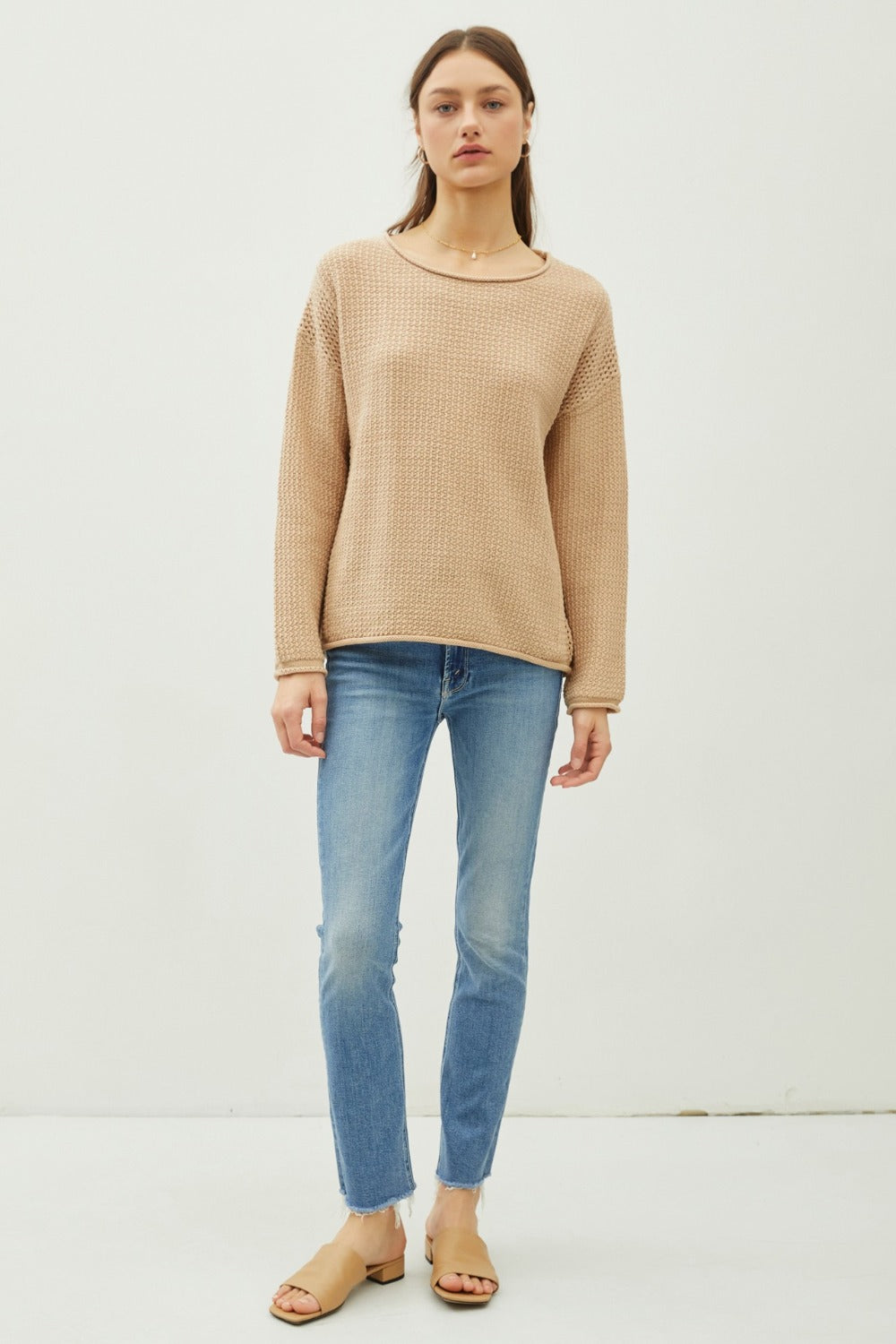 Maxct &Be Cool Rolled Openwork Round Neck Sweater