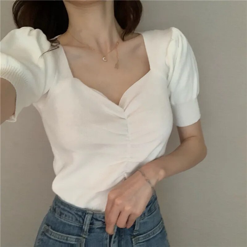 Maxct Puff Short Sleeve V-neck Knitted T-shirts Girls Solid Stretchy Crop Tops Thin Knitwear For Women