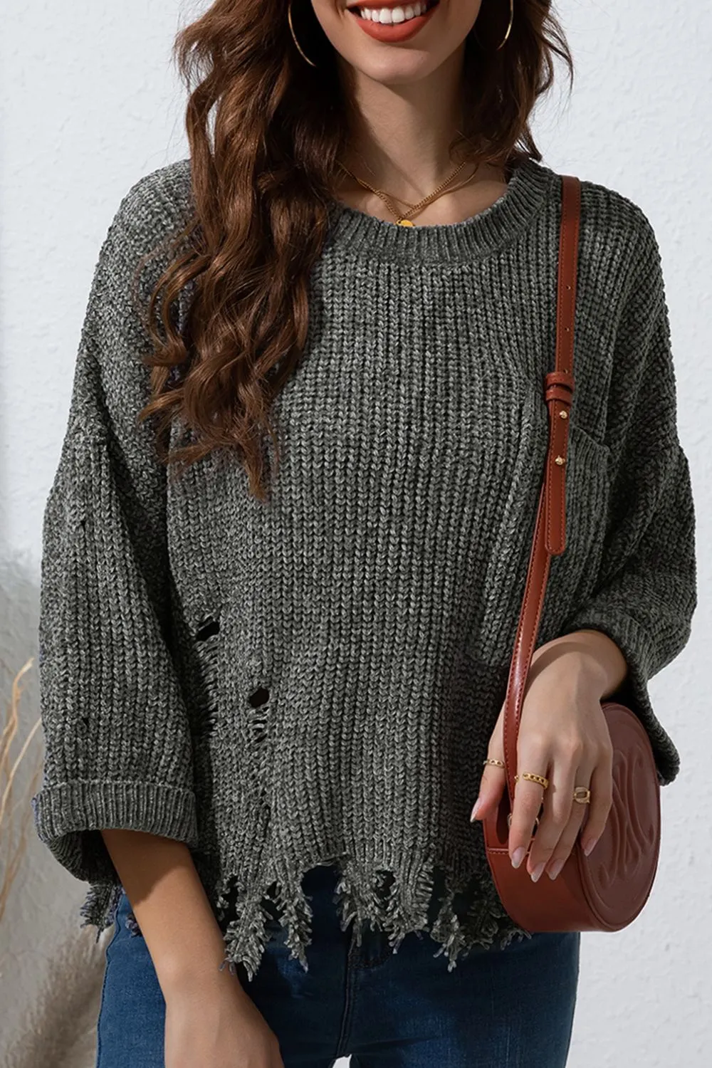 Maxct &Distressed Round Neck Drop Shoulder Sweater