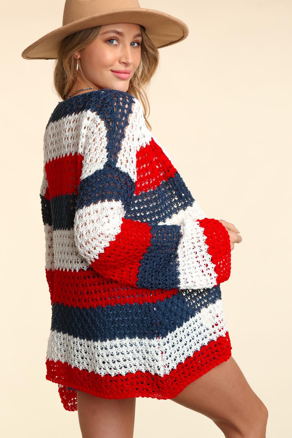 Maxct &Haptics Full Size Open Front Long Sleeve Stripe Cardigan