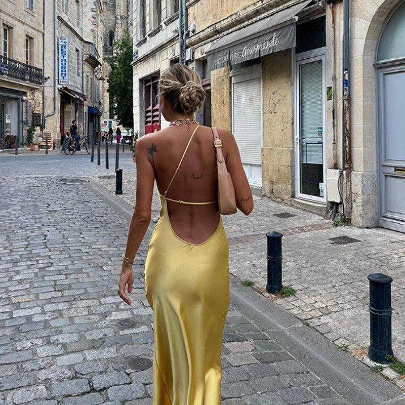 Slim-Fit Off-Shoulder Solid Color Backless Long Dress Maxct