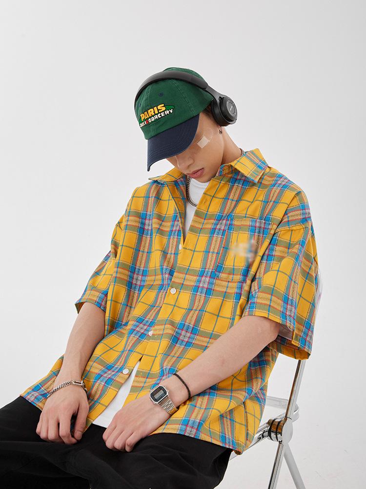 Maxct 90s Streetwear Fashion Retro Contrast Color Plaid Shirt Women's Summer New Letter Embroidered Design Casual Half Sleeve Coat Top