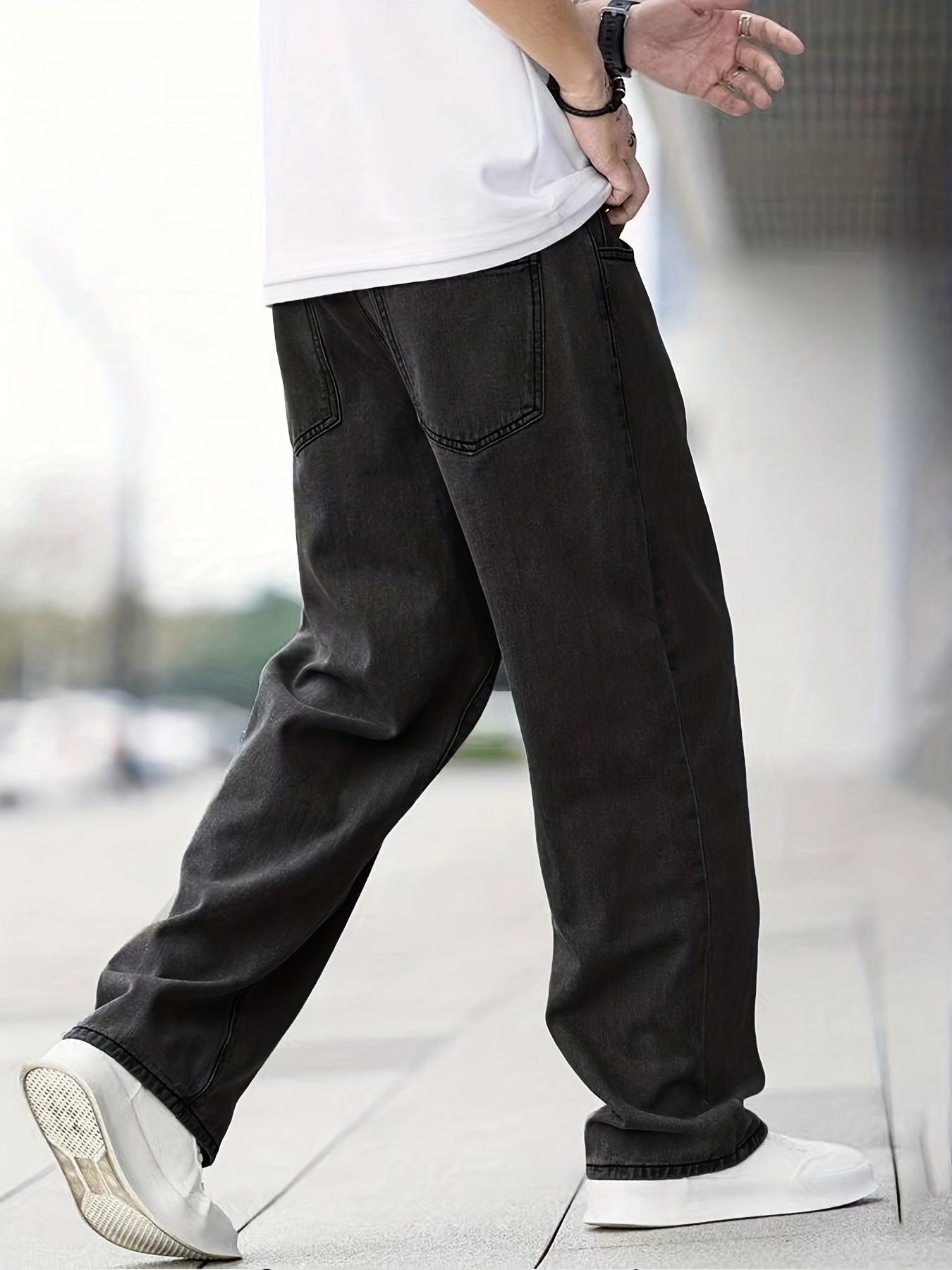 Classic Design Wide Leg Jeans, Men's Casual Street Style Solid Color Denim Pants For Spring Summer