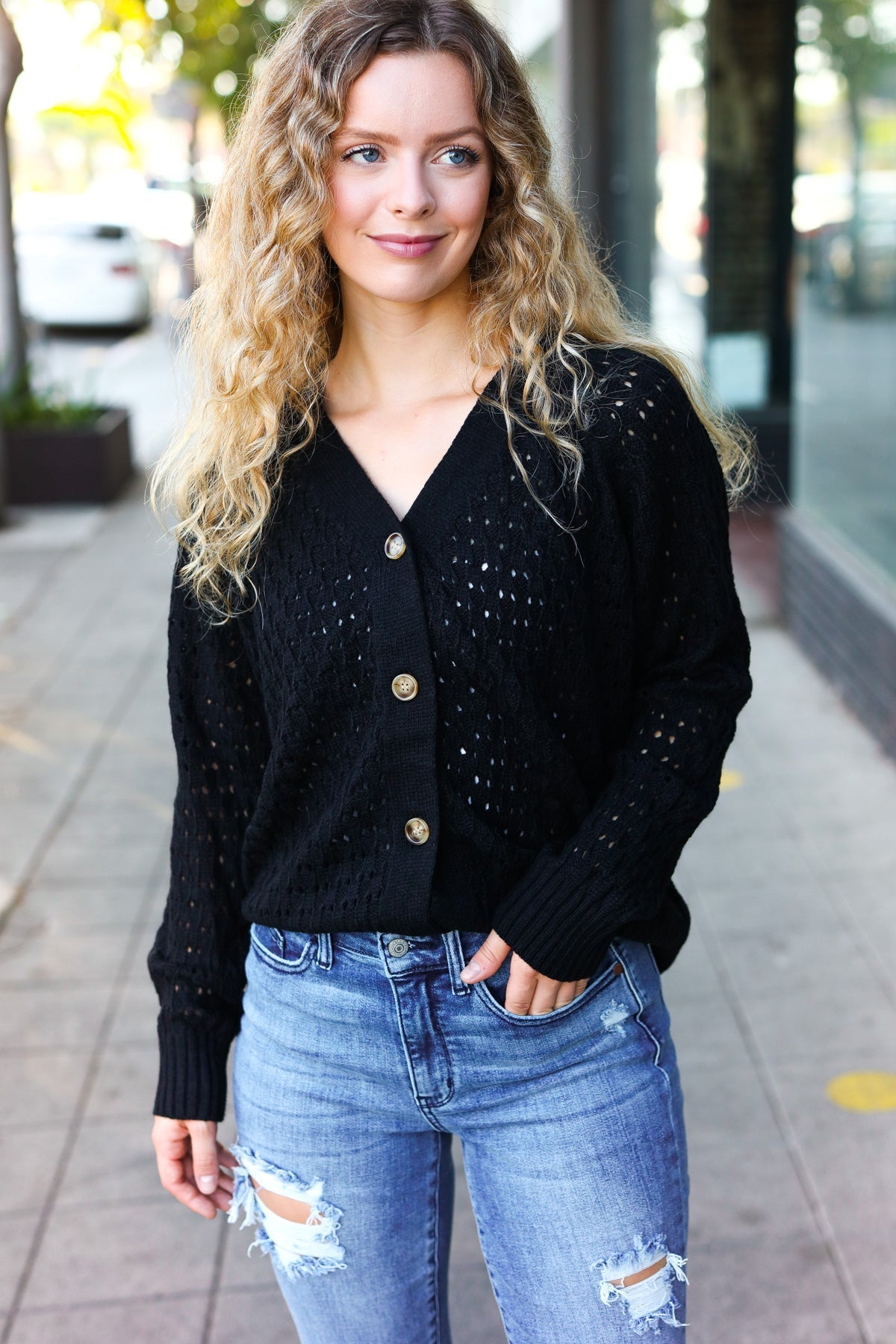Maxct &Follow Me Black Pointelle Knit Button Down Cardigan