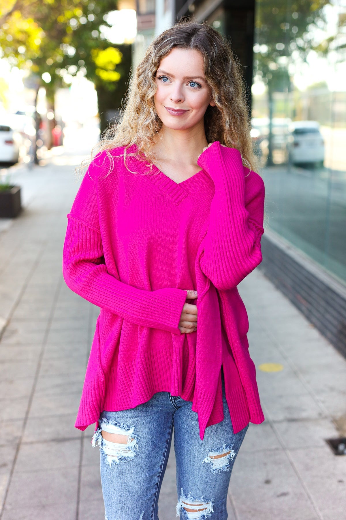 Maxct &Be Bold Magenta Oversized V Neck Rib Knit Sweater