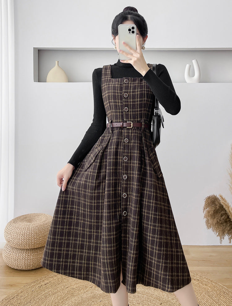 Button Up Plaid Pinafore Dress Maxct