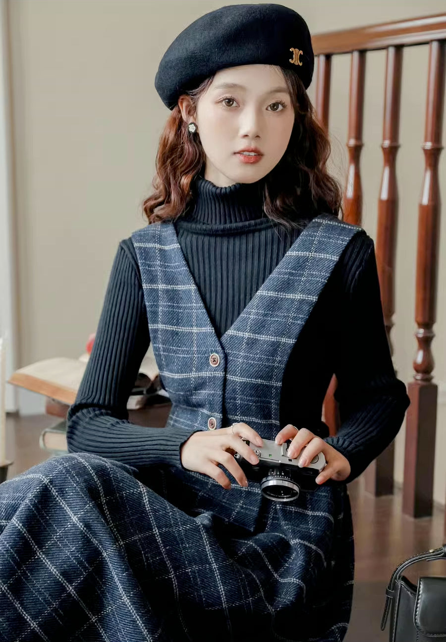 Plaid Vest Pinafore Dress Maxct