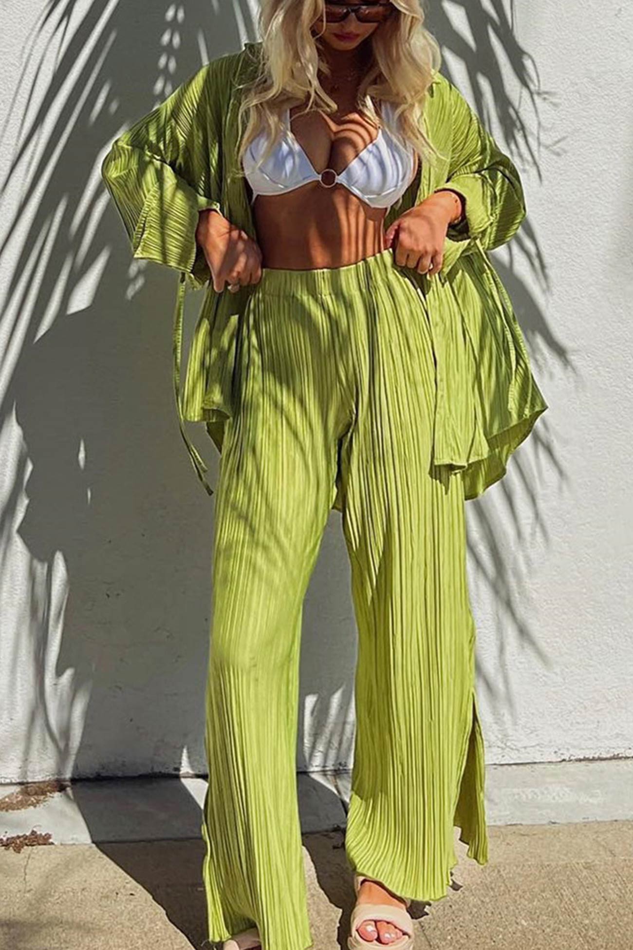 Maxct Pleated Blouse Slit Long Pants Set