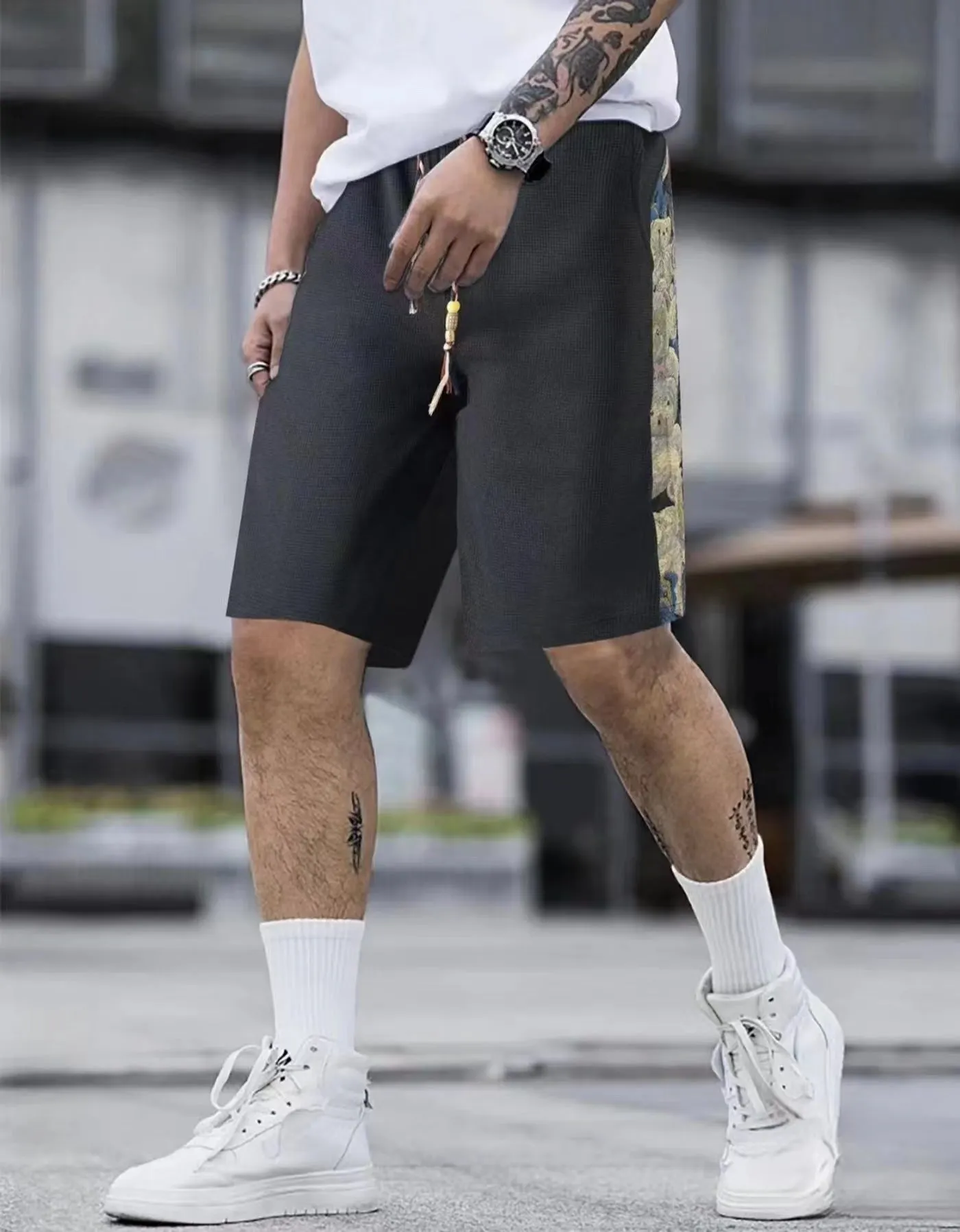 Maxct summer sweatpants boys loose and versatile outerwear sweatpants ins bear splicing five-point pants tide