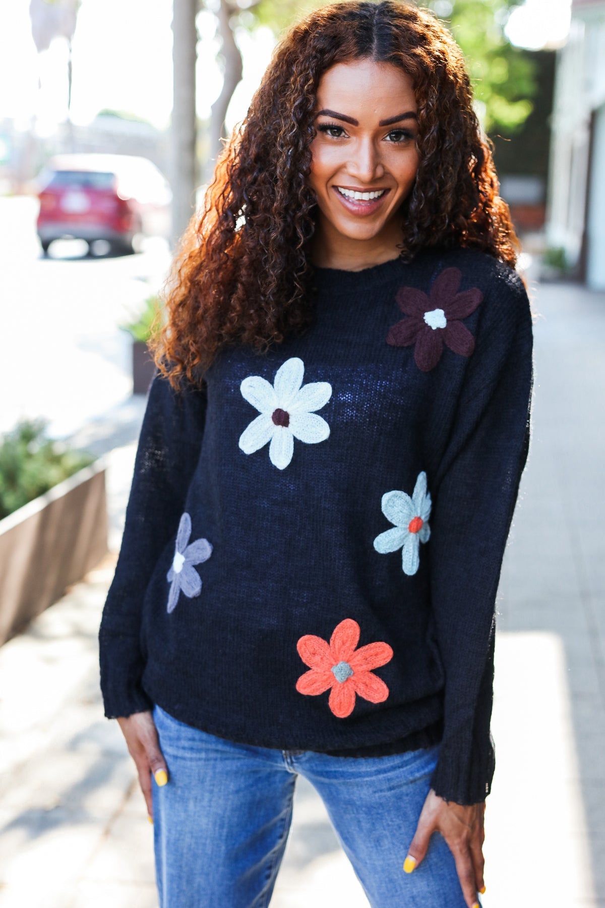 Maxct &Eyes On You Black Flower Patch Oversized Knit Sweater