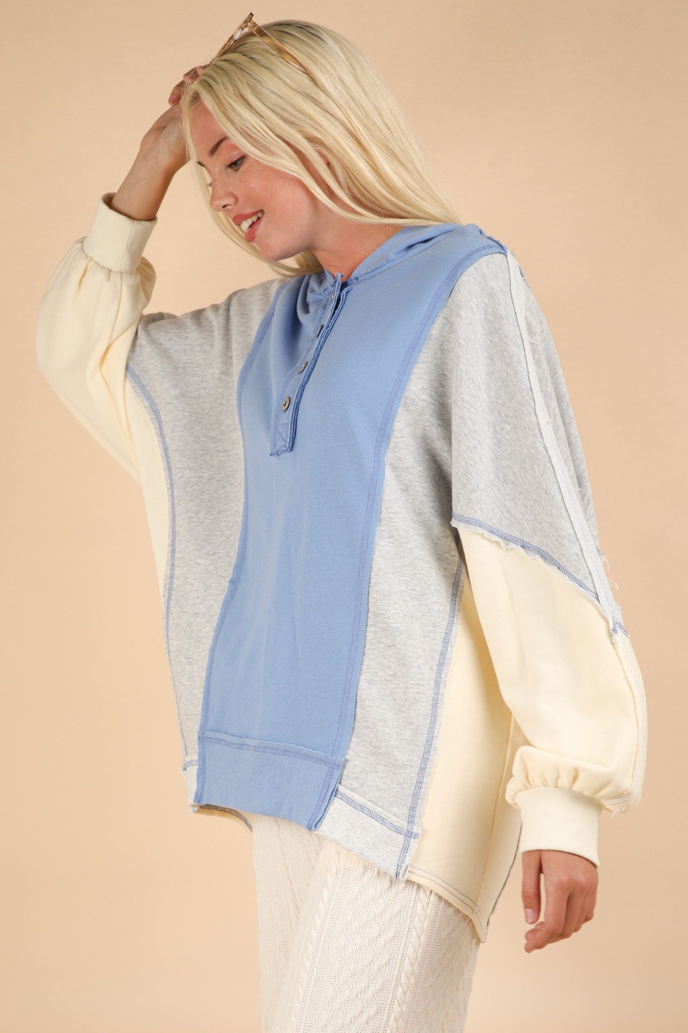 Maxct &VERY J Exposed Seam Color Block Half Button Hoodie