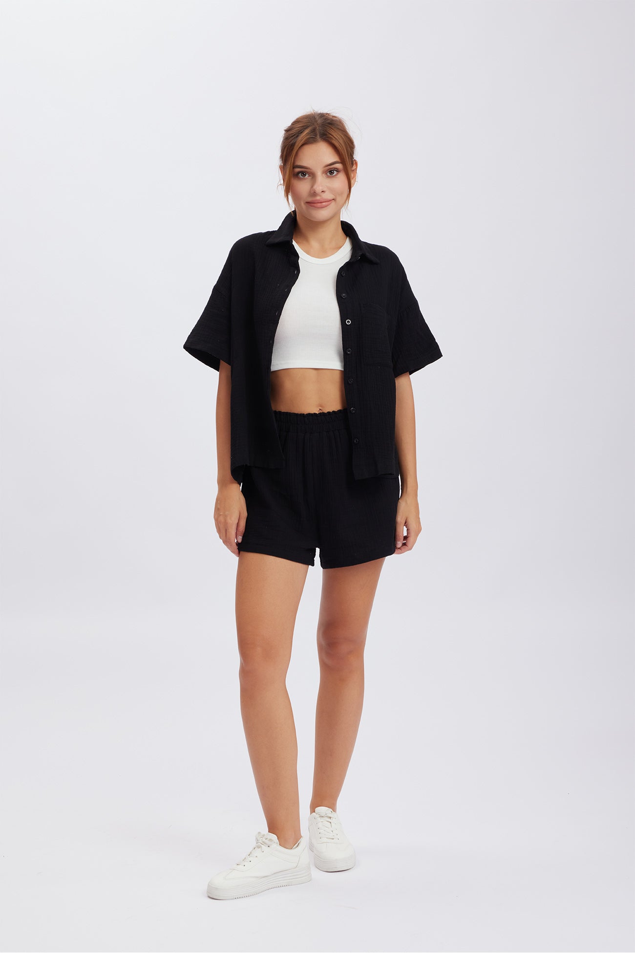Maxct Solid Color Short Sleeve Shirt Cotton Two-piece Shorts Set