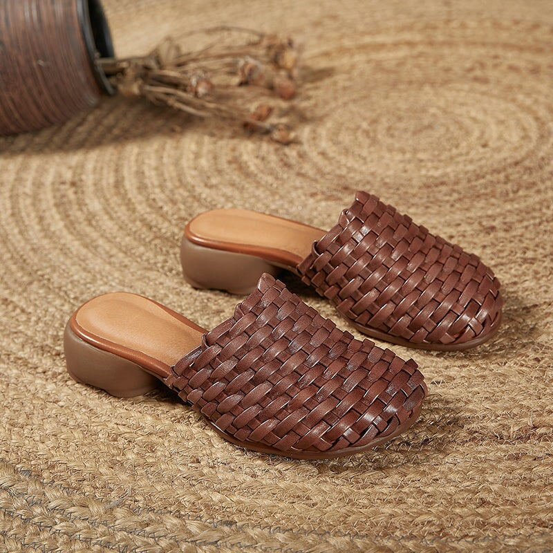 Woven Slippers Block Heel Mules Summer Slippers Maxct