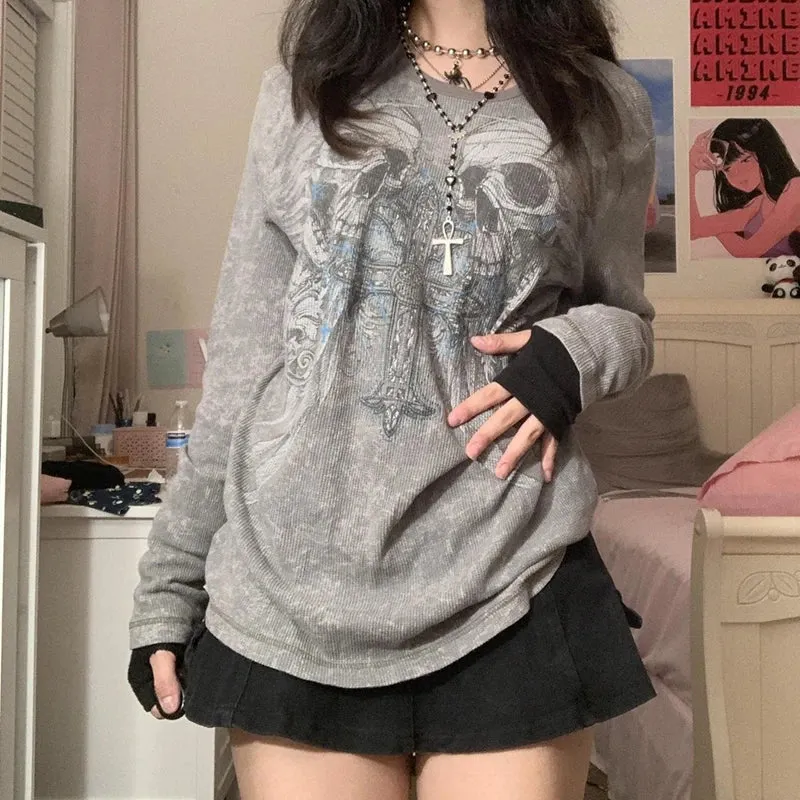 Maxct Vintage Graphic Print Patchwork Long Sleeve Tees Harajuku Fake Two-Piece T-Shirts Korean Gothic Grunge Loose Tops Streetwear