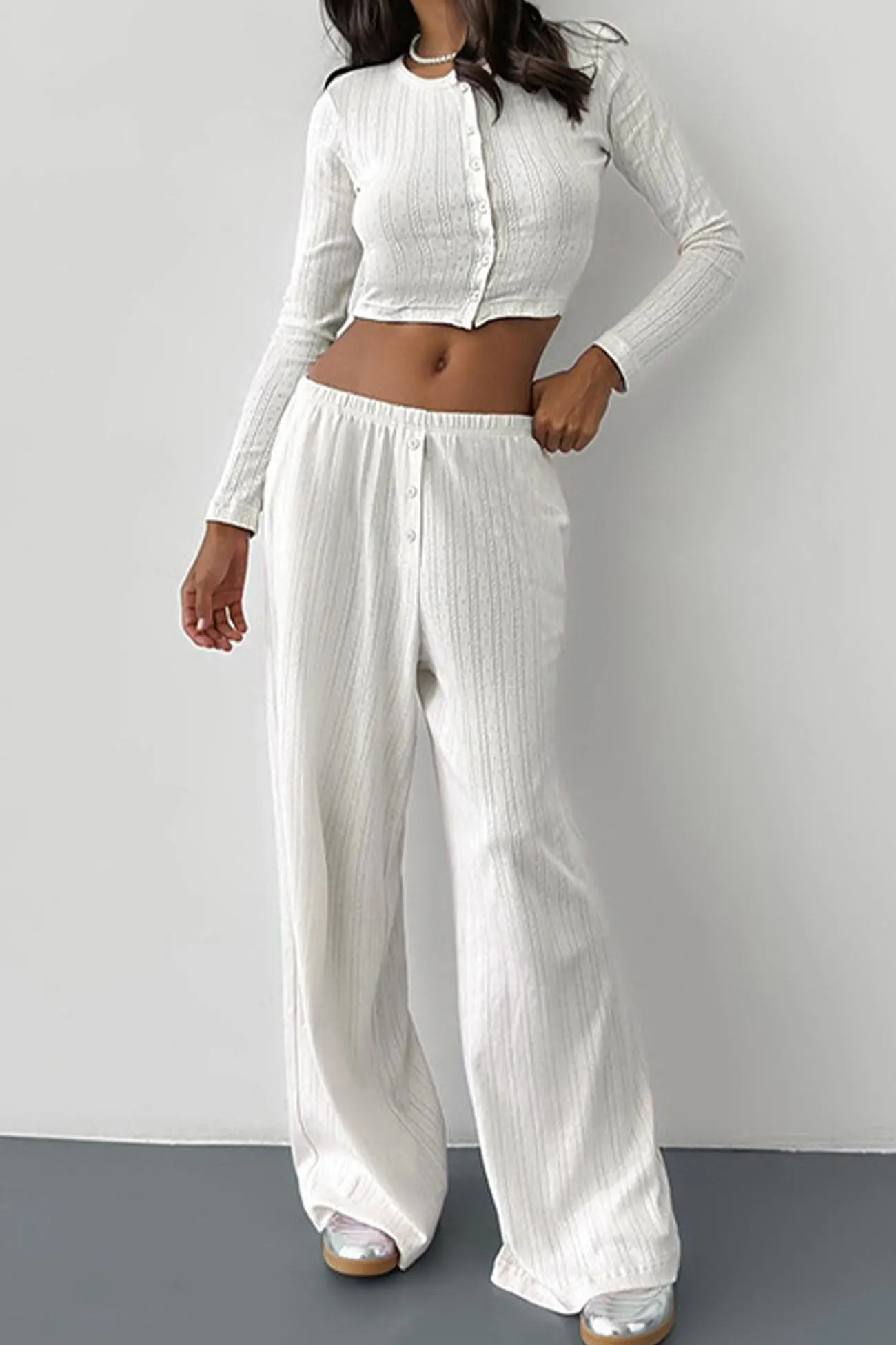 Maxct Long Sleeve Single Breasted Crop Tops Long Pant Set