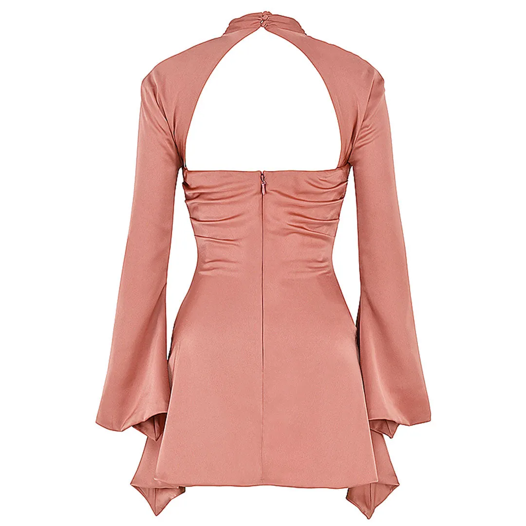 Long Sleeve Draped Satin Mini Dress - Pink Maxct