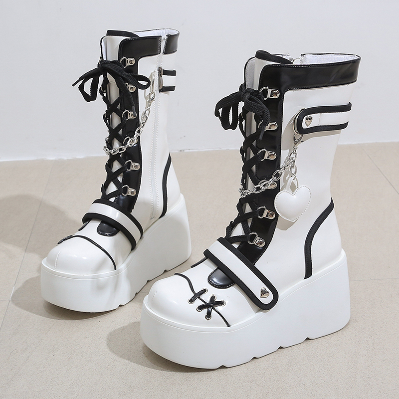 Platform Wedge Women's Boots Black and White Punk Gothic Style - true deals club