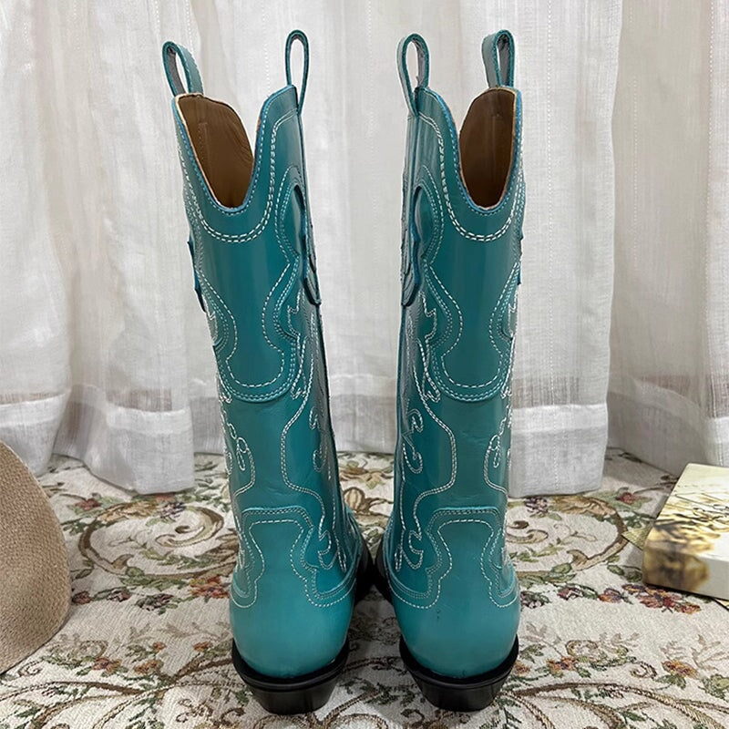 Womens Contrasting Embroidery Western Boots Mid Calf Cowboy Boots Maxct