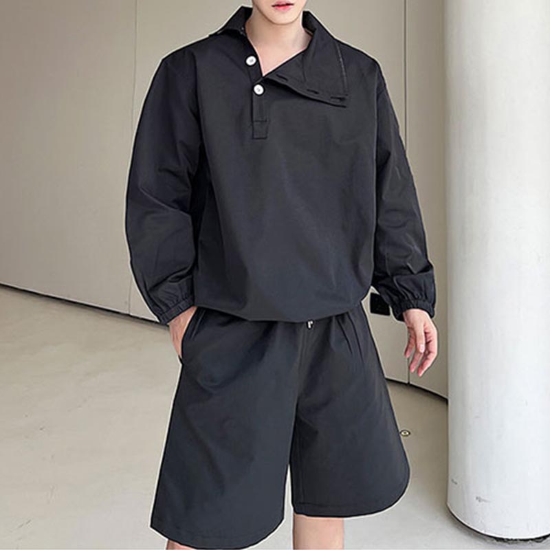 Maxct Stand Collar Side Button Tops Shorts Casual Suits