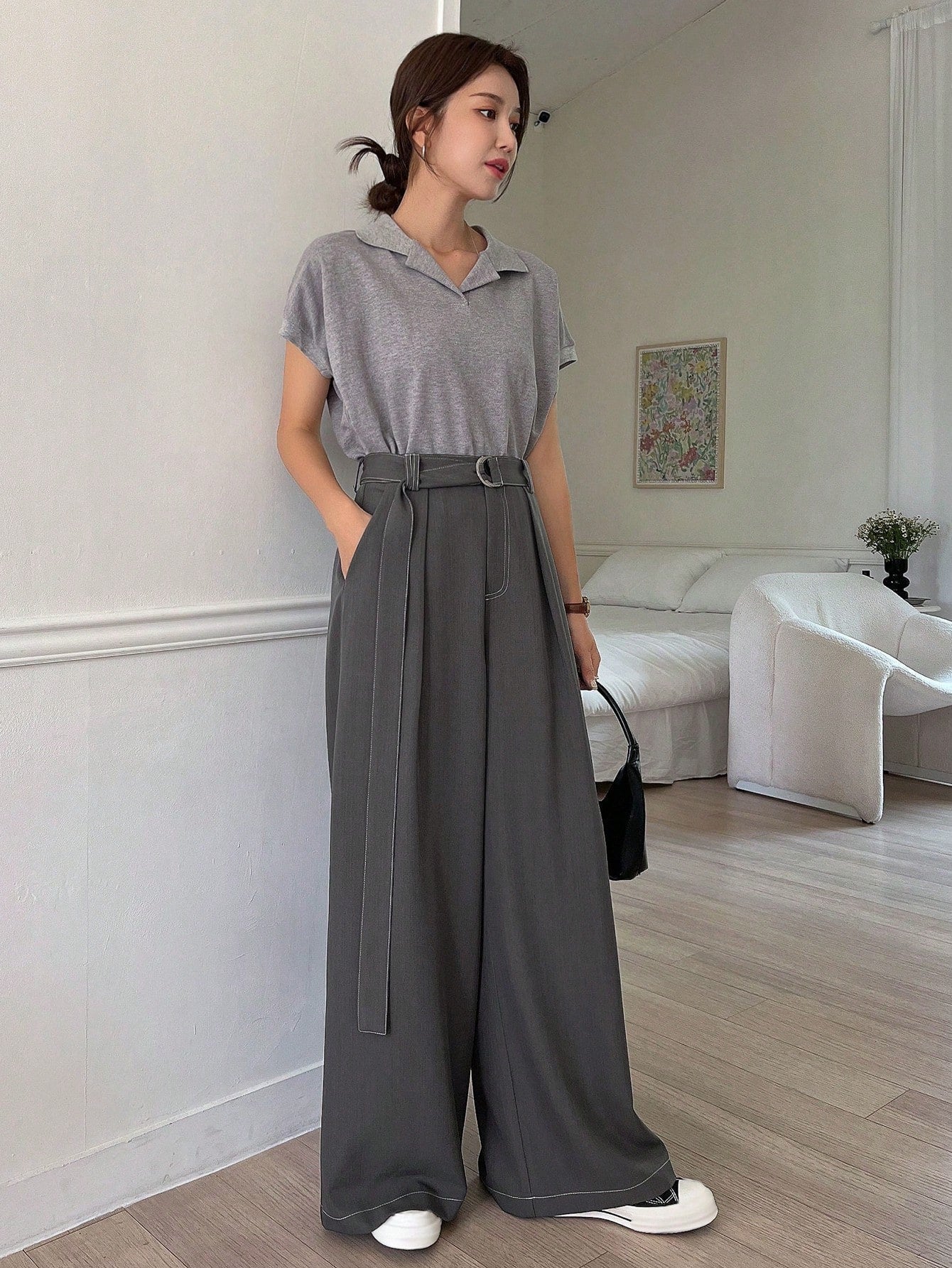 Maxct Stitching Decor Belted Wide-Leg Trousers With Pockets For Women's Suit Pants