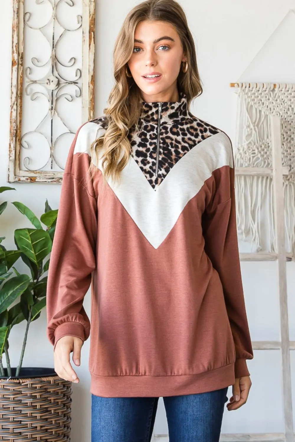 Maxct &Heimish Full Size Leopard Quarter Zip Mock Neck Sweatshirt