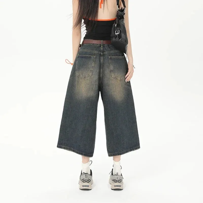 Vintage Streetwear Wide Leg Denim Shorts Y2K Fashion Loose Knee-Length Pants Maxct