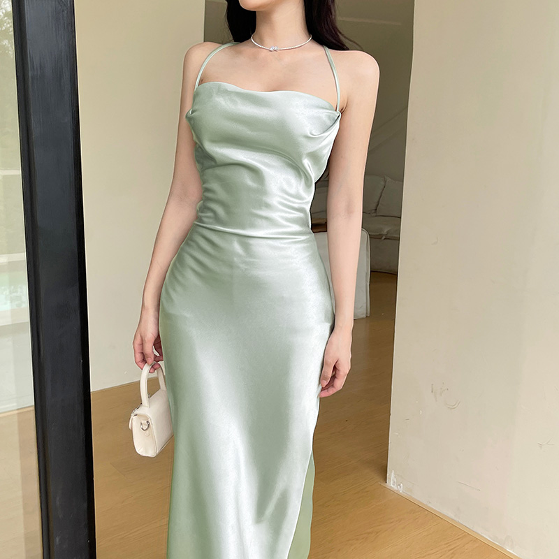 French Elegant Satin Camis Dress Backless Spaghetti Straps Midi Dress Y2K Solid Sleeveless Party Night Vestidos