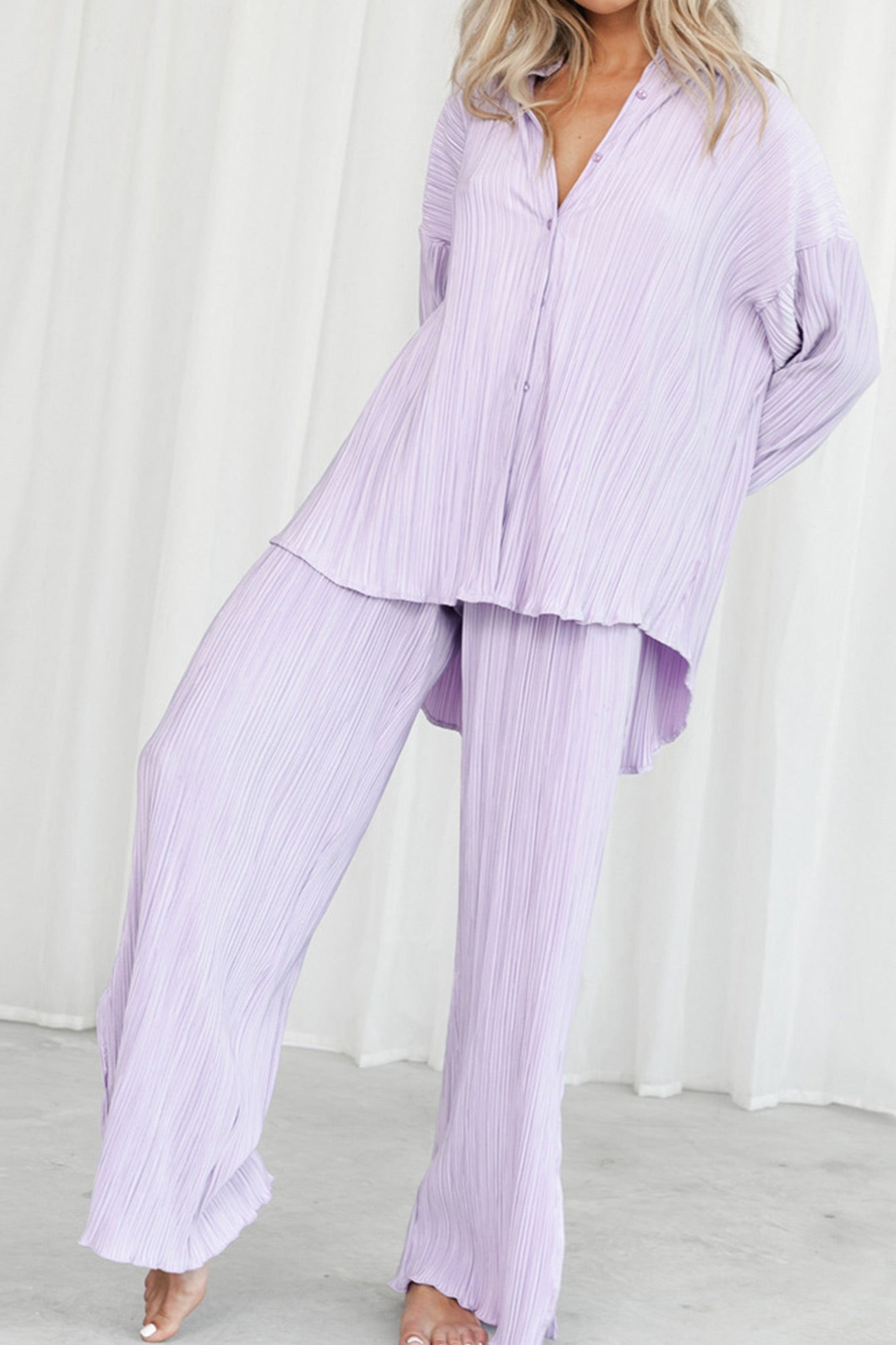 Maxct Pleated Blouse Slit Long Pants Set