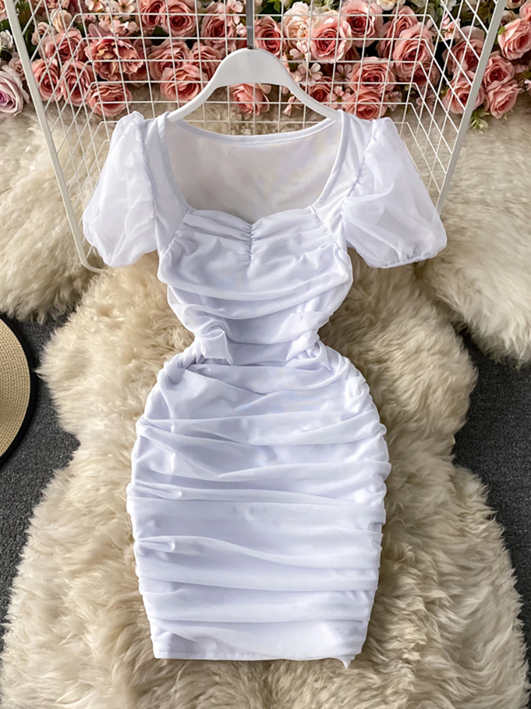 Maxct Sexy Mesh Draped Bodycon Dress Women Elegant Square Collar Short Puff Sleeve Pleated Vestidos Female Summer