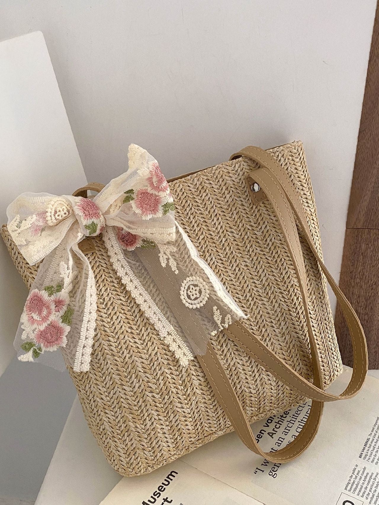 Maxct - Bow Decor Straw Tote Bag  - Women Tote Bags